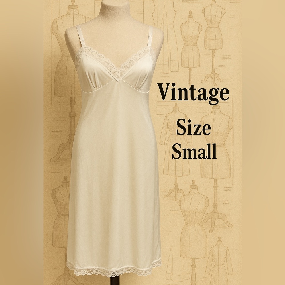 Vintage White Nylon Slip • Lace Trim • Adjustable Straps • Size Small